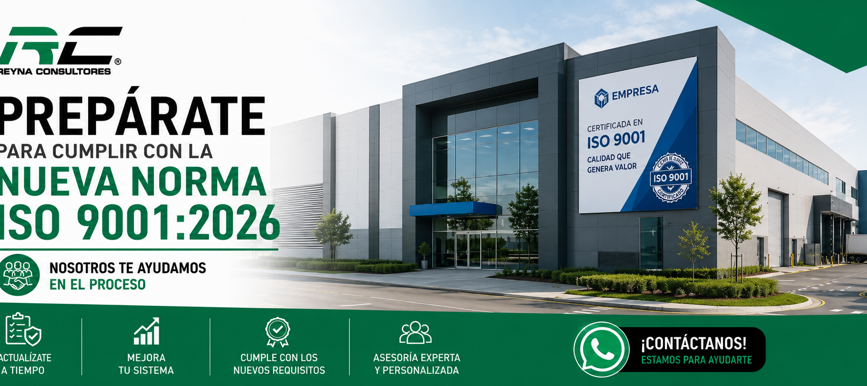 Prepárate para cumplir con la nueva norma ISO 9001:2026. Nosotros te ayudamos en el proceso: actualízate a tiempo, mejora tu sistema, cumple con los nuevos requisitos, asesoría experta y personalizada.