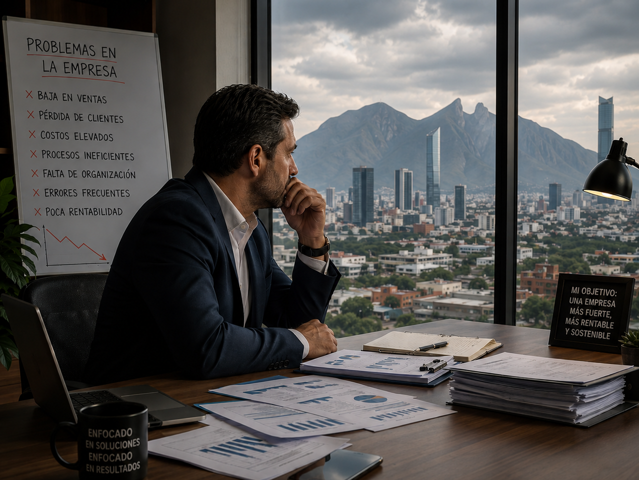 Empresario pensativo mirando por la ventana de su oficina en Monterrey